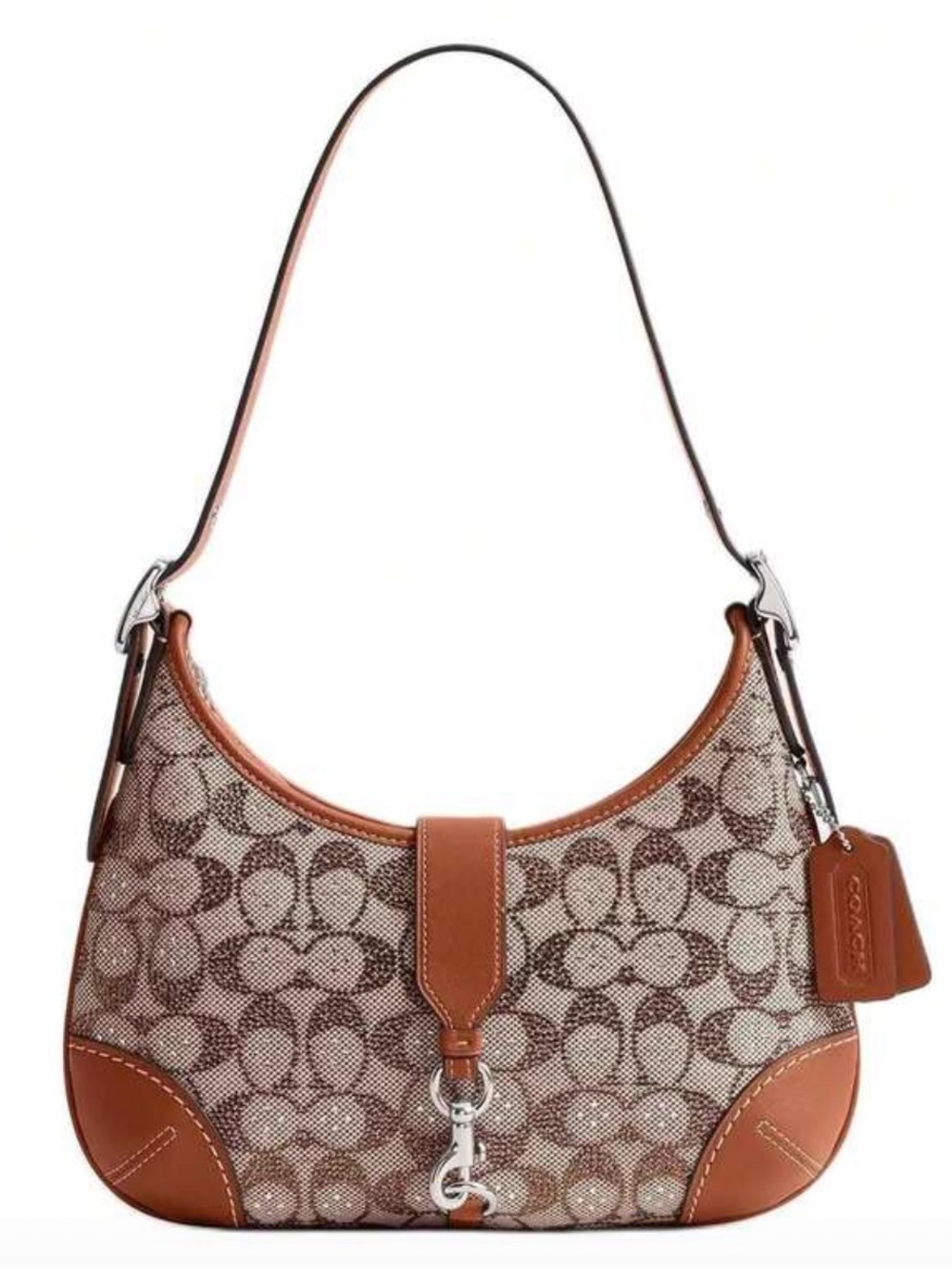 Coach Swarovski Signature Hamptons Canvas Shoulder Bag with Tan Leather Trim